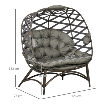 Fotel ogrodowy Outsunny 2-osobowy Egg Chair Outdoor, składany, pleciony, z poduszką i kieszeniami na kubki – piaskowo-brązowy
