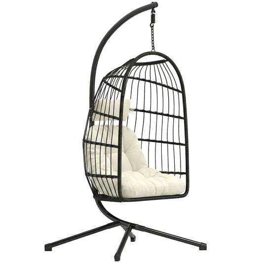 Outsunny Hanging Egg Chair, Indoor Outdoor Hammock Swing Chair with Stand, Safety Strap, Foldable Basket, Black/Cream White