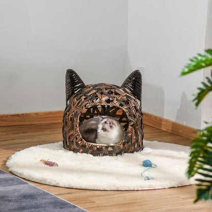 PawHut Wicker Cat Bed Rattan Kitten Basket Pet Den. House with Soft Cushion Brown