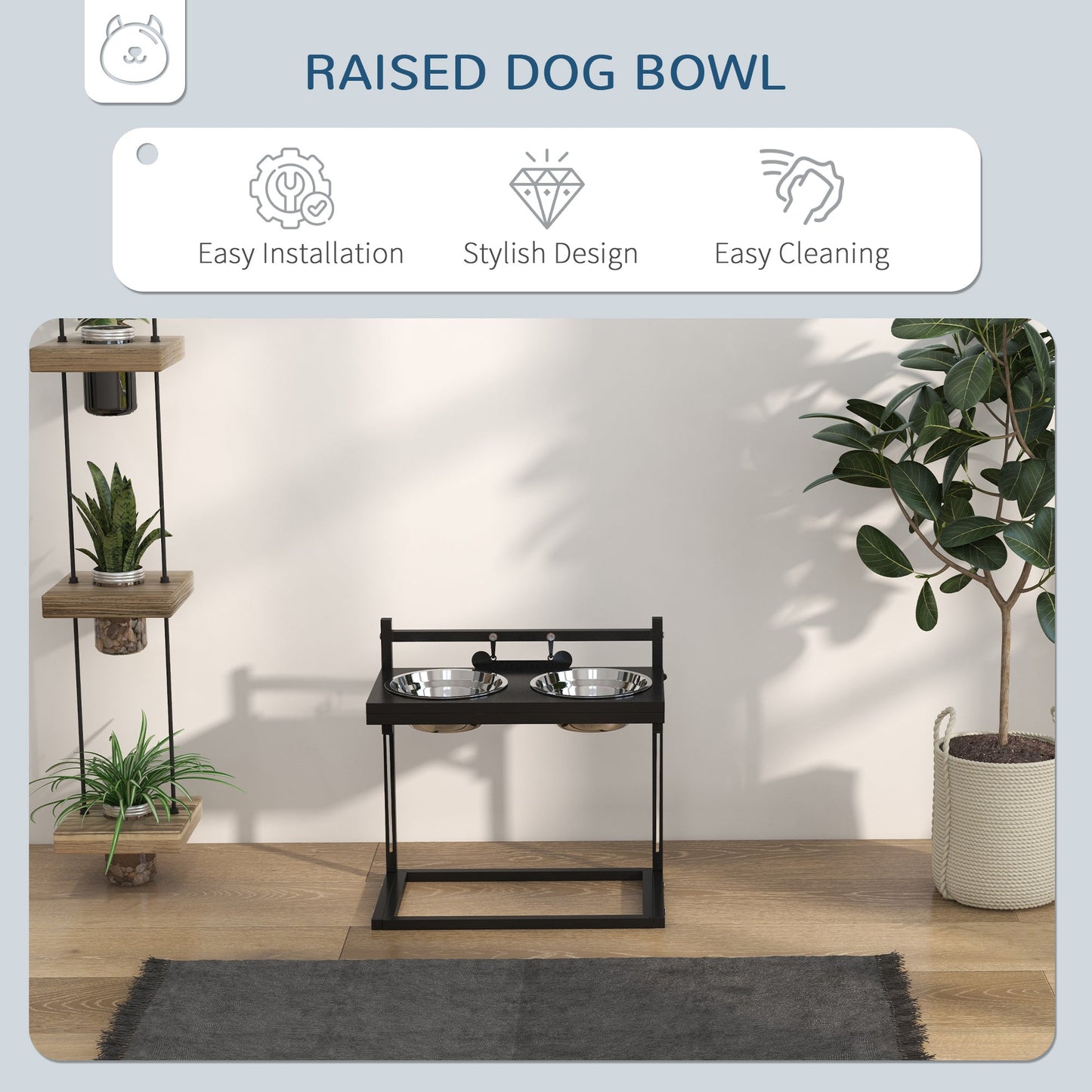 PawHut Dog Bowls with Stand, Adjustable Height Elevated Dog Bows for Small Medium Large Dogs - Black