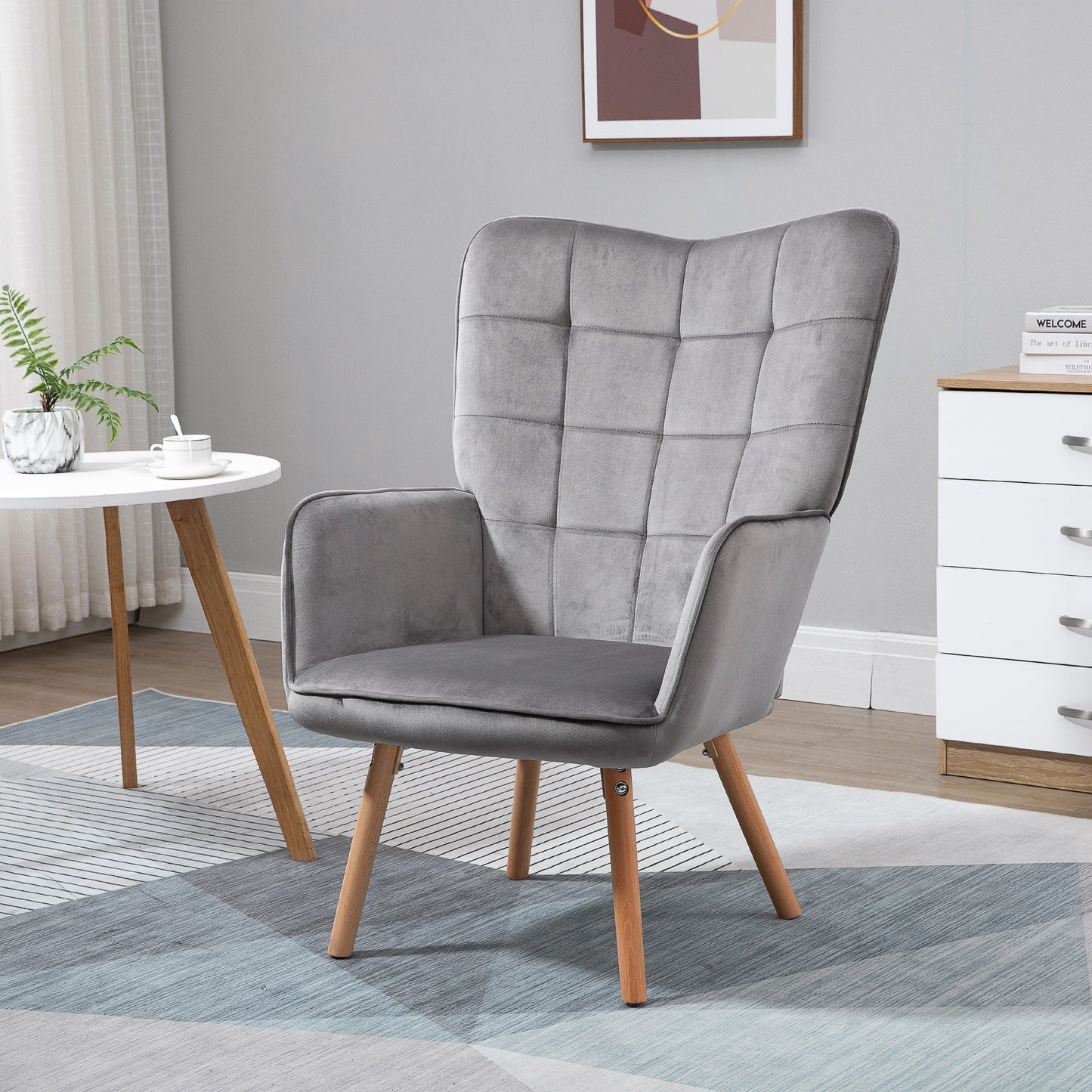 كرسي HOMCOM Modern Accent Chair بذراعين مبطن بمخمل ملمس مخملي مع مسند ظهر مجنح، كرسي صالة ترفيهي مبطن بأرجل خشبية، باللون الرمادي
