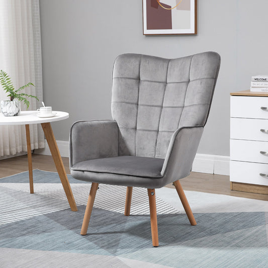 كرسي HOMCOM Modern Accent Chair بذراعين مبطن بمخمل ملمس مخملي مع مسند ظهر مجنح، كرسي صالة ترفيهي مبطن بأرجل خشبية، باللون الرمادي