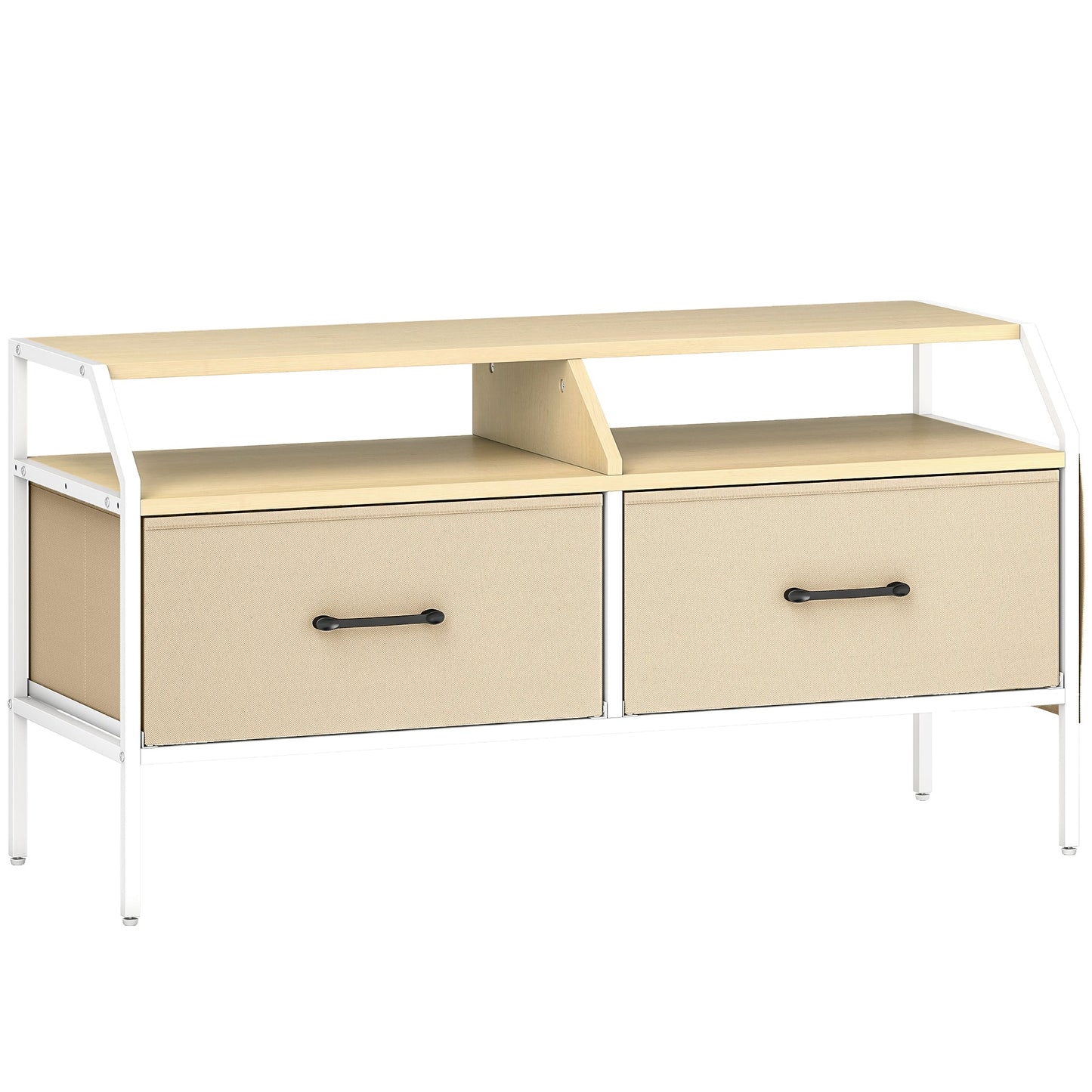 HOMCOM TV Stand Cabinet, TV Unit for 55-inch TVs with 2 Foldable Fabric Drawers, 5 Divided Side Pockets, Open Shelves, Console Table for Living Room, Bedroom, Entertainment Room, Natural Wood Finish