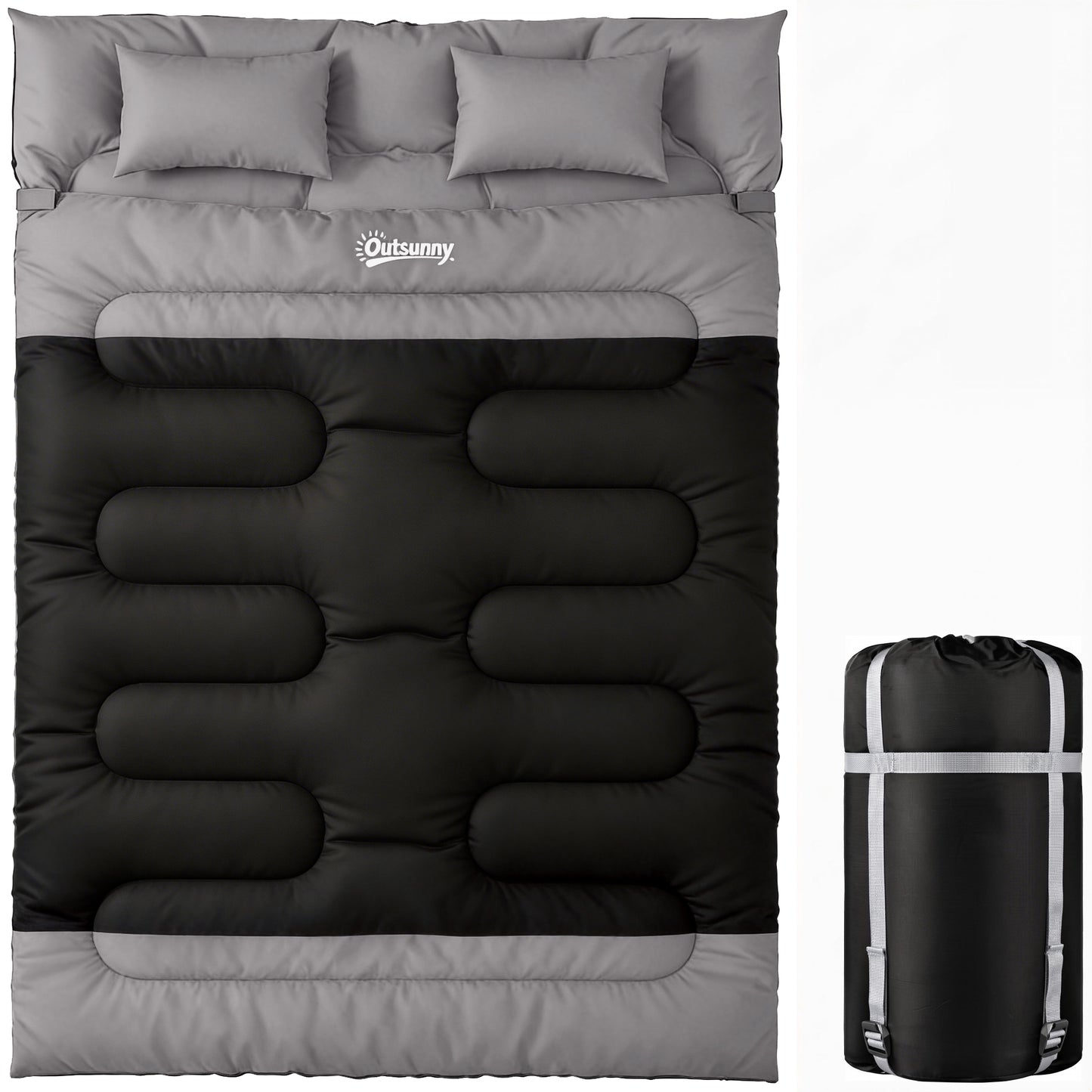 Outsunny Double Sleeping Bag with 2 Pillows, 220 x 160 cm Extra-Large Sleeping Bag for Adults, Black and Grey