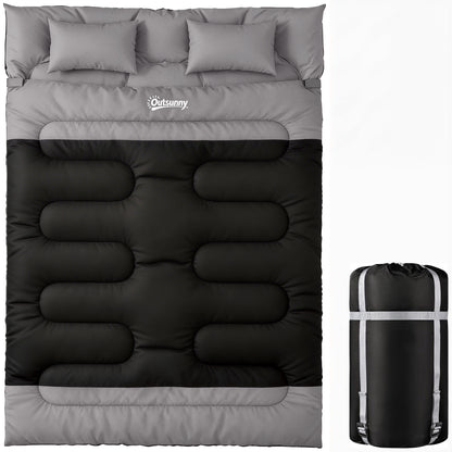 Outsunny Double Sleeping Bag with 2 Pillows, 220 x 160 cm Extra-Large Sleeping Bag for Adults, Black and Grey