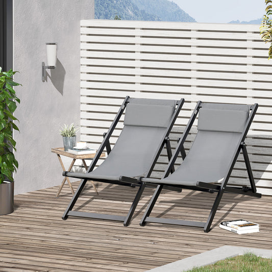 Set of 2 Folding Garden Beach Aluminium Frame Deck Chairs Deckchairs Seaside Folding Garden Patio Lounger, Grey