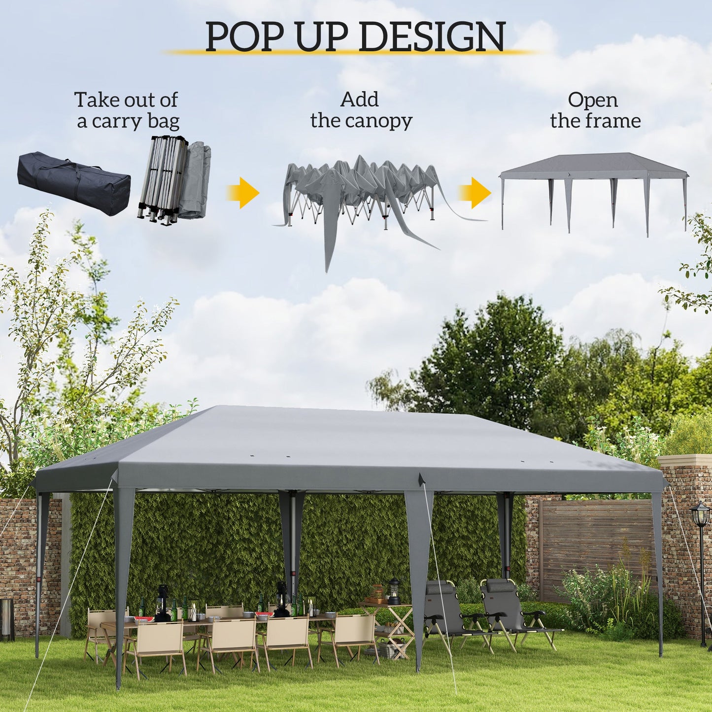 Outsunny Pop Up Gazebo 3 x 6m, Foldable Canopy Tent, Height Adjustable Wedding Awning Canopy w/ Carrying Bag, Grey