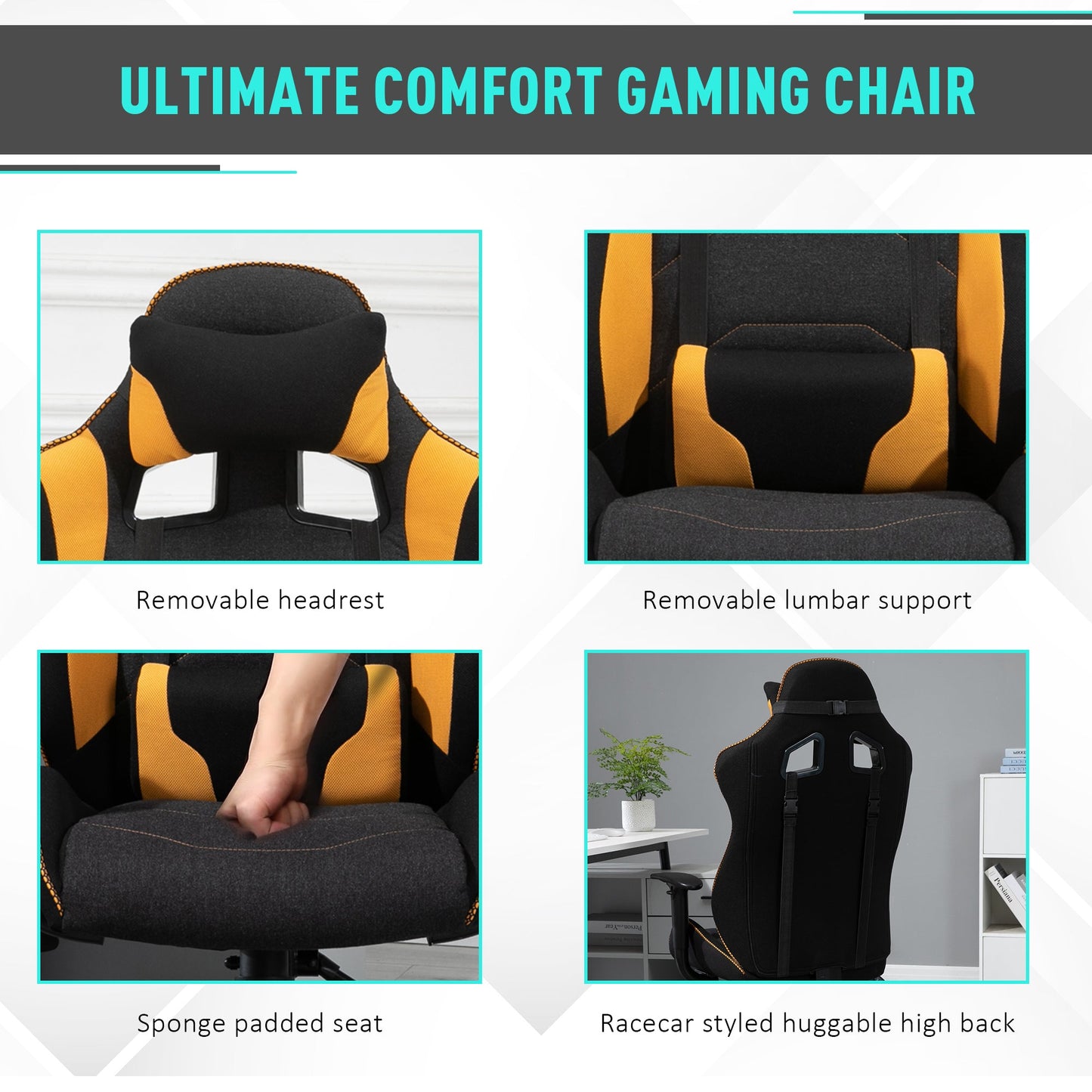 Vinsetto Polyester Ergonomic Gaming Chair w/ Adjustable Pillow Orange