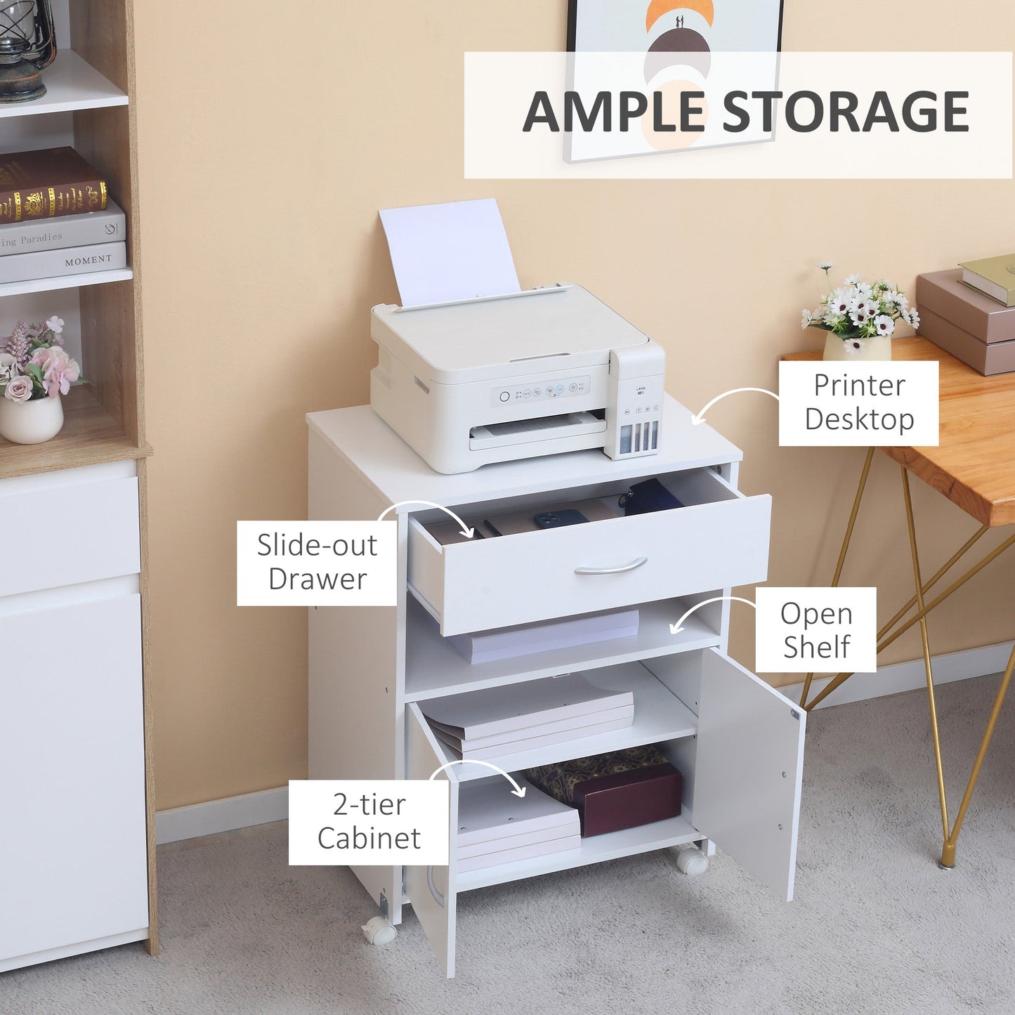 Vinsetto Printer Stand Mobile Printer Cabinet with Storage, Open Shelf, Drawer for Home Office, 60cm x 39cm x 80cm, White