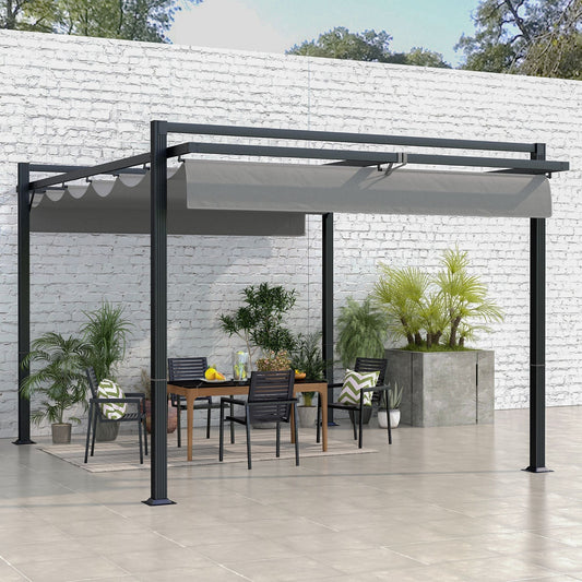 Outsunny Aluminium Pergola with Retractable Roof, 3x4m Garden Shelter for Patio Deck in, Dark Grey