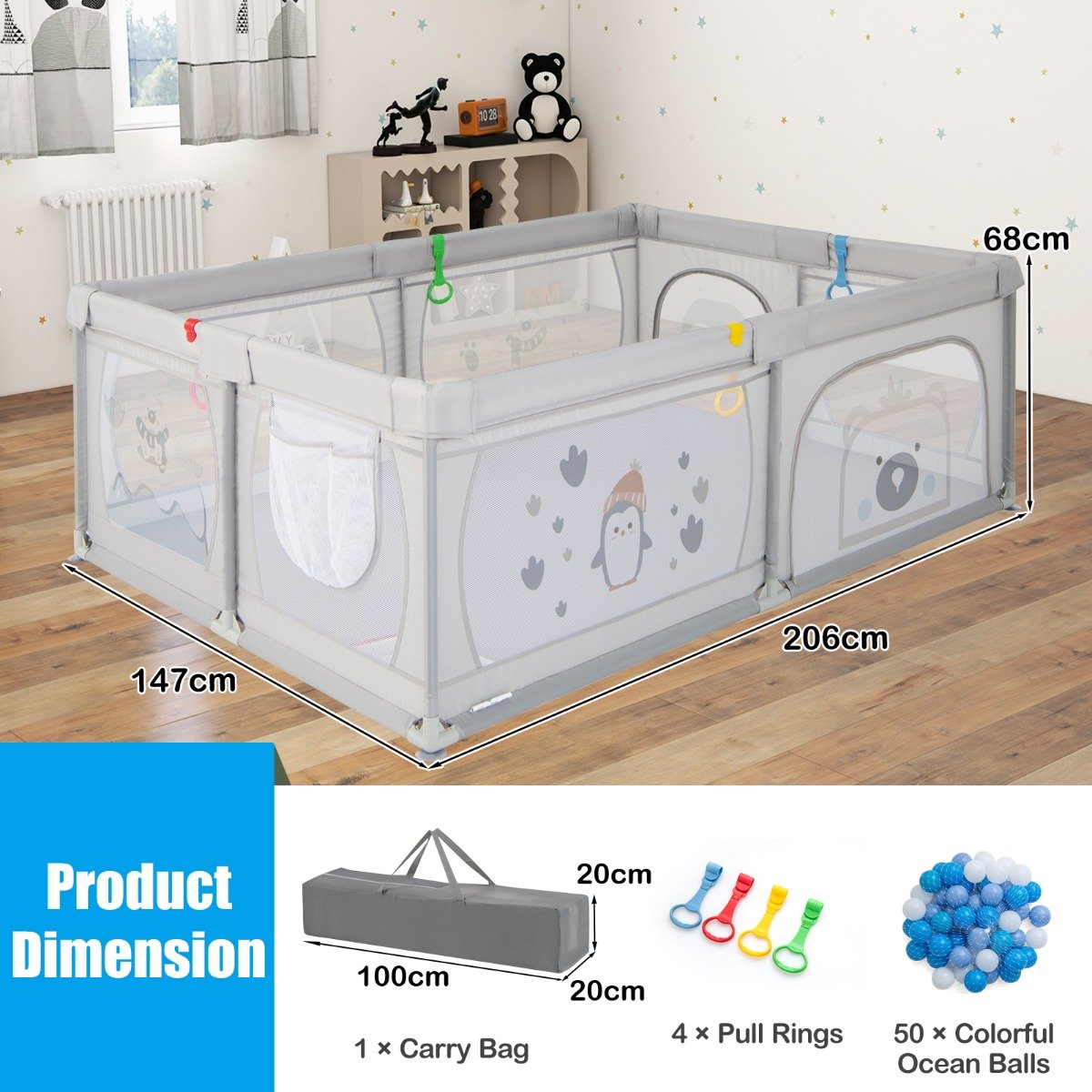 206 x 147 cm Baby Playpen with 50 Ocean Balls for Babies and Toddlers-Bear
