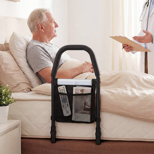 Bed Rails with Motion Sensor Light and Storage Pocket for Elderly Adults-Black