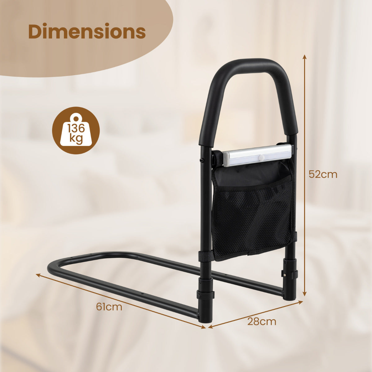 Bed Rails with Motion Sensor Light and Storage Pocket for Elderly Adults-Black