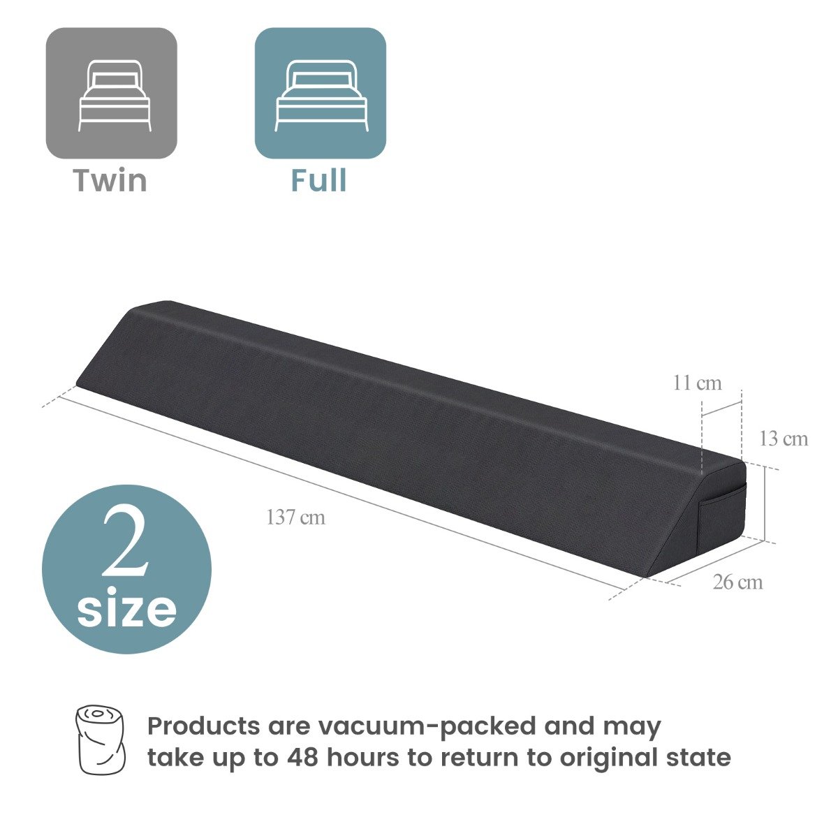 Bed Wedge Pillow  with 2 Storage Pockets-Full Size