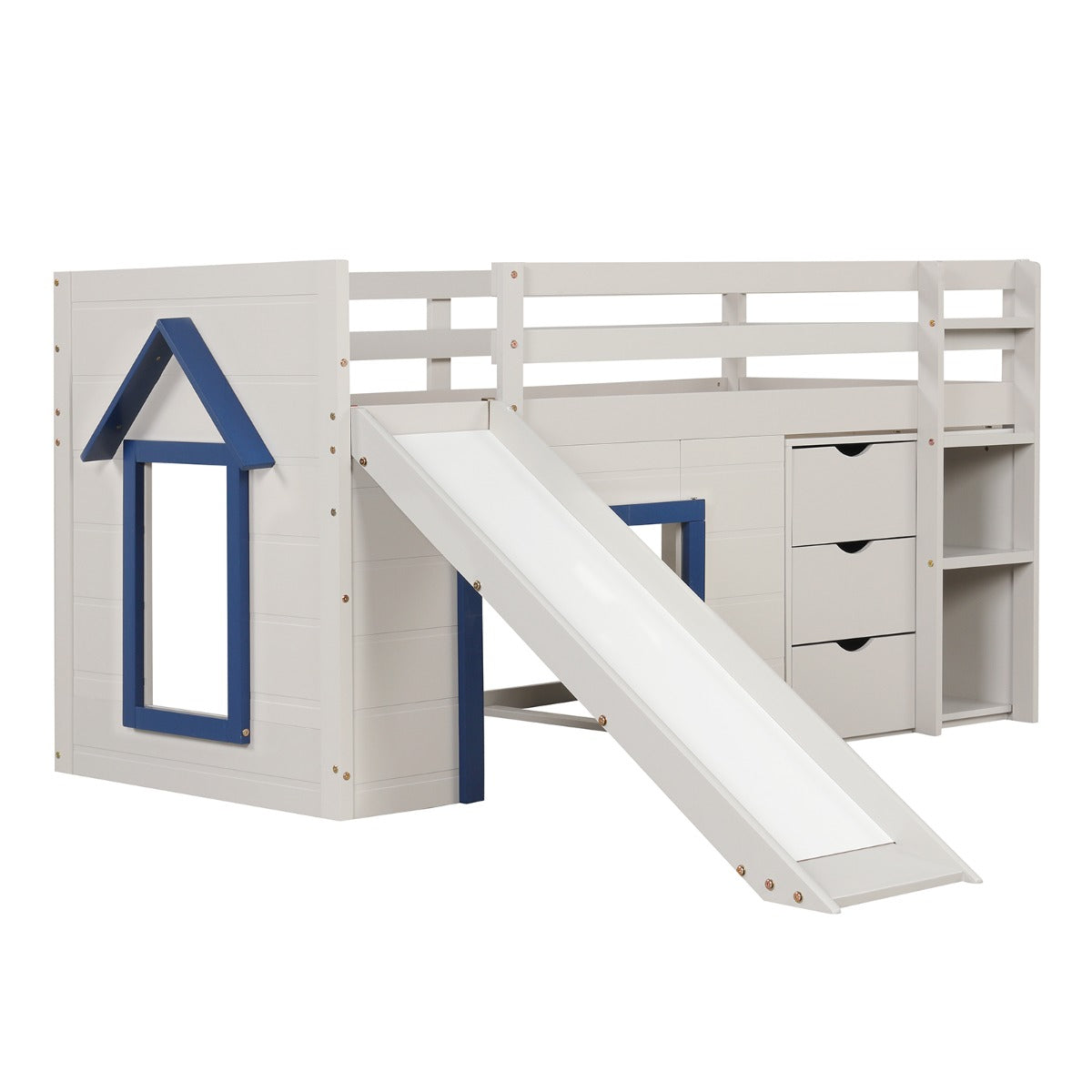 Single Size Pine Wood Loft Bed with Slide and Ladder and Game House-Blue