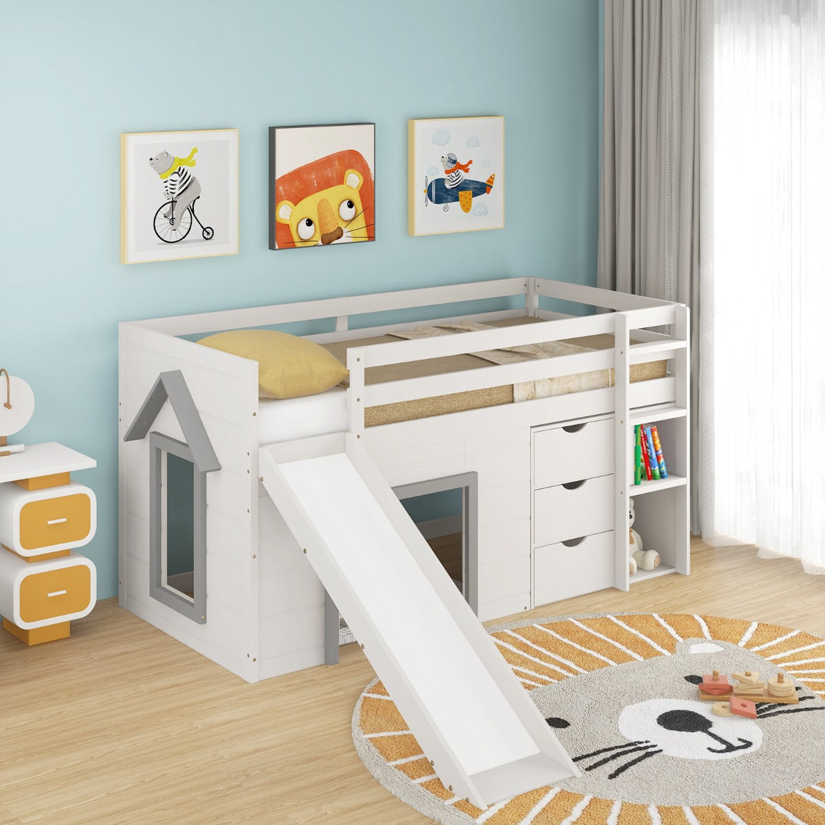 Single Size Pine Wood Loft Bed with Slide and Ladder and Game House-Grey