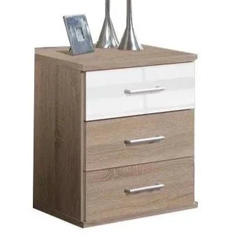 Bedside Table GEMA 3 Drawer Nightstand in Oak and White Gloss