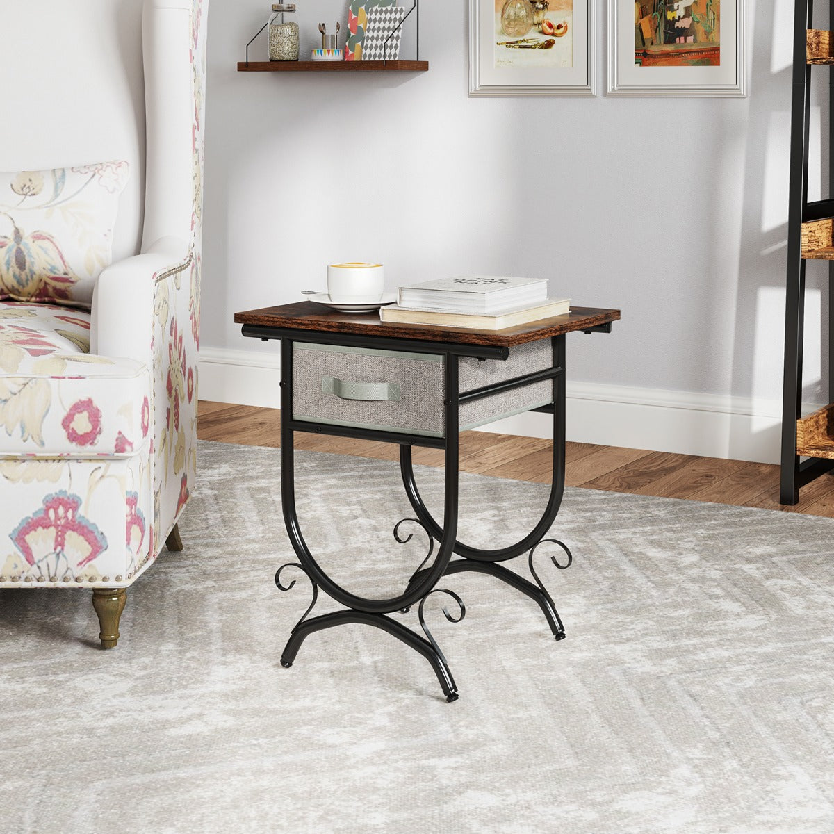 2-Tier Industrial Bedside Table with Fabric Drawer and Wood Top