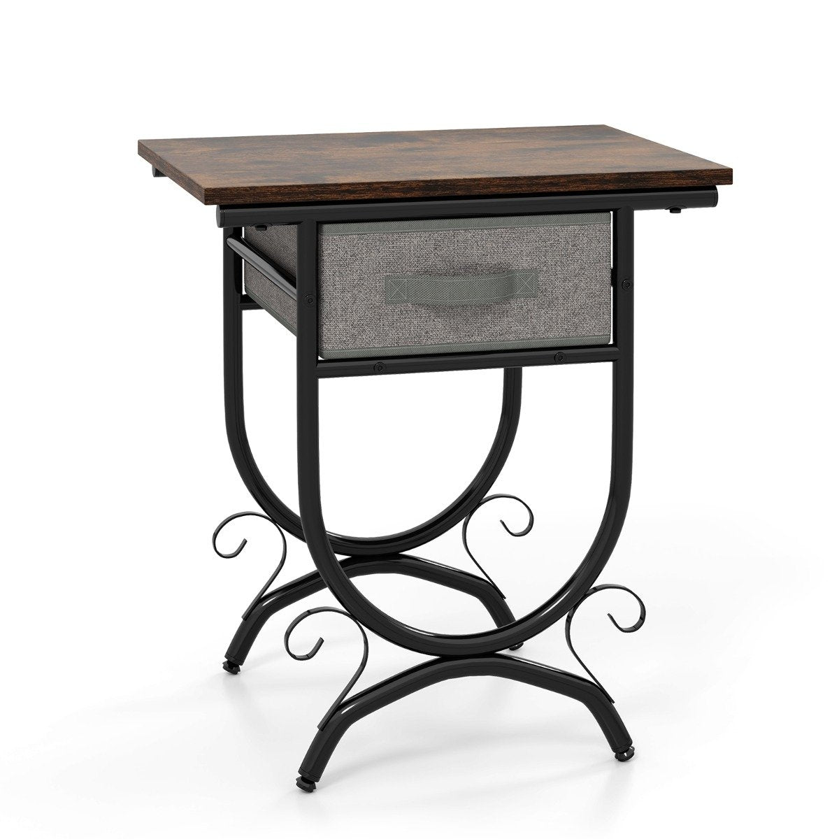 2-Tier Industrial Bedside Table with Fabric Drawer and Wood Top