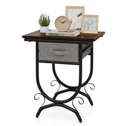 2-Tier Industrial Bedside Table with Fabric Drawer and Wood Top