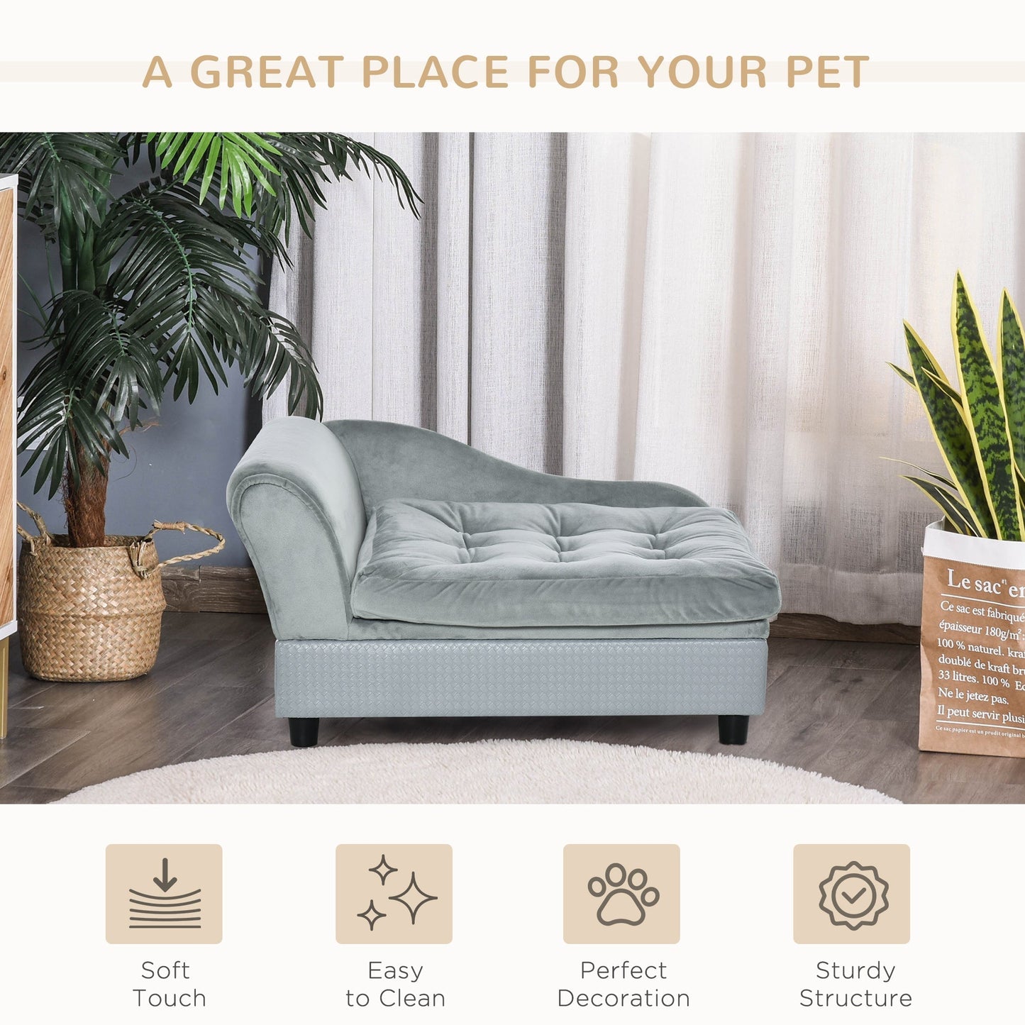 PawHut Dog Sofa with Storage, Pet Chair for Small Dogs, Cat Couch with Soft Cushion, Light Blue, 76 x 45 x 41.5 cm