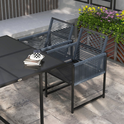 5 Piece Garden Patio Dining Set, Outdoor 4 Seater Table And Chairs With Foldable Backrest, Tempered Glass Top, Handwoven Rope - Dark Grey