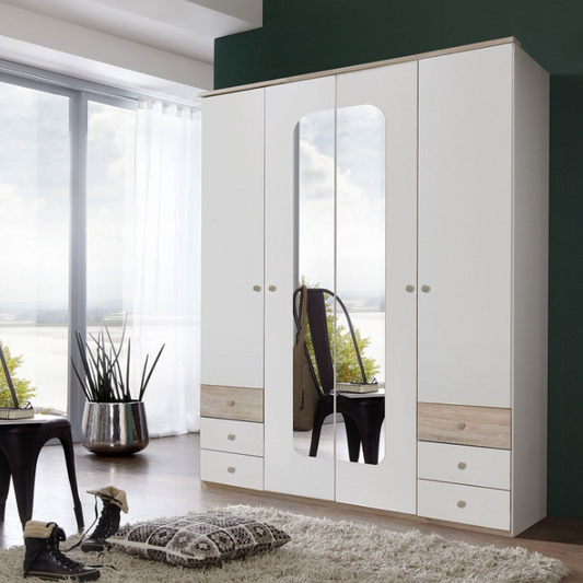 BERTEN 4 Door Mirrored Wardrobe White 180cm