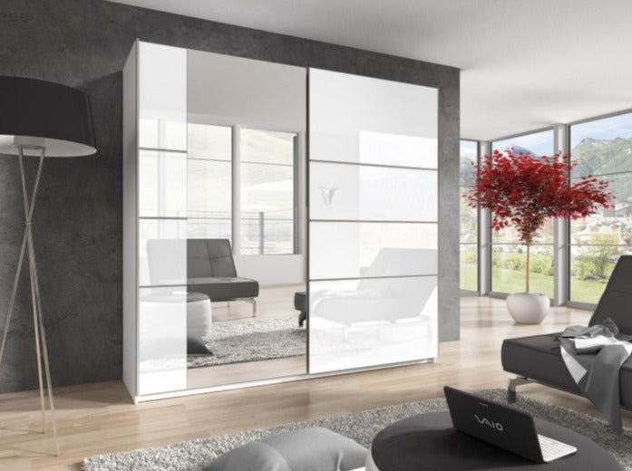 Baldo-II 2-Door Mirrored Sliding Wardrobe - White Gloss