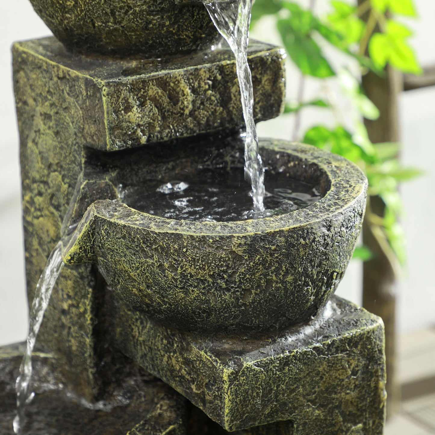 Outsunny Garden Water Feature Waterfall Fountain with 4-Tier Stone Look Bowls, Adjustable Flow, Black and Yellow