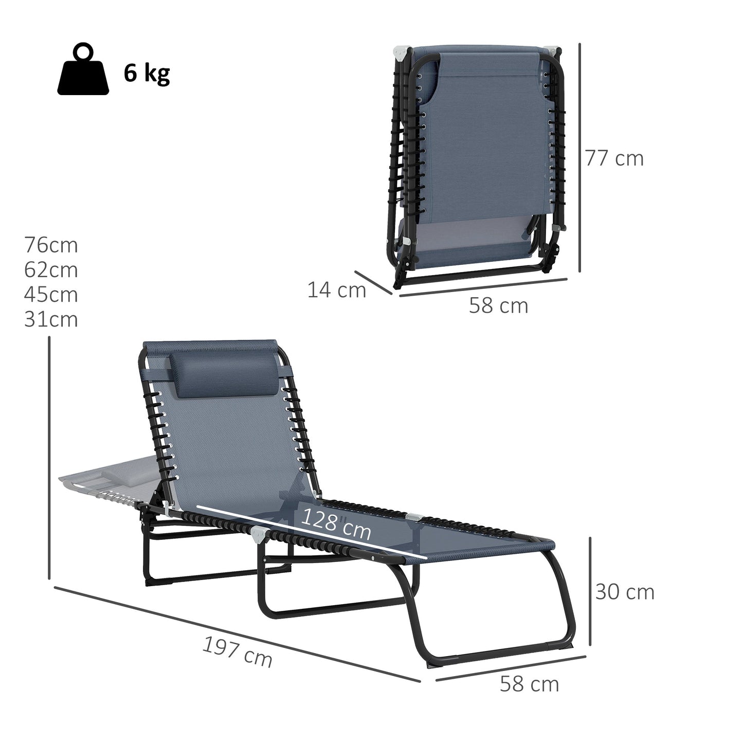 Outsunny Foldable Sun Lounger, Outdoor 4 Level Adjustable Backrest Reclining Chaise Chair, Steel Frame Recliner Chair for Camping, Hiking, Grey