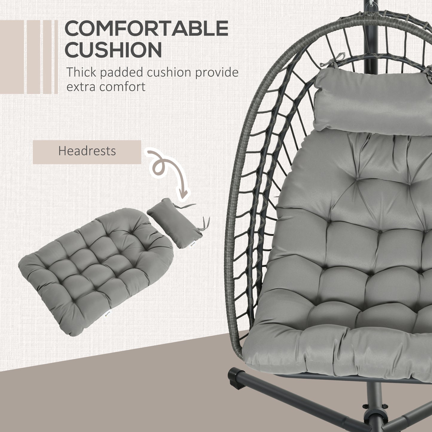 Outsunny Outdoor PE Rattan Swing Chair z poduszką, składany kosz ogrodowy Patio Hanging Egg Chair z metalowym stojakiem, zagłówek, do wewnątrz i na zewnątrz, jasnoszary