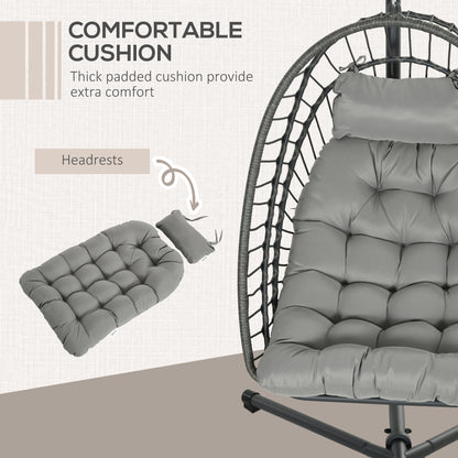 Outsunny Outdoor PE Rattan Swing Chair z poduszką, składany kosz ogrodowy Patio Hanging Egg Chair z metalowym stojakiem, zagłówek, do wewnątrz i na zewnątrz, jasnoszary