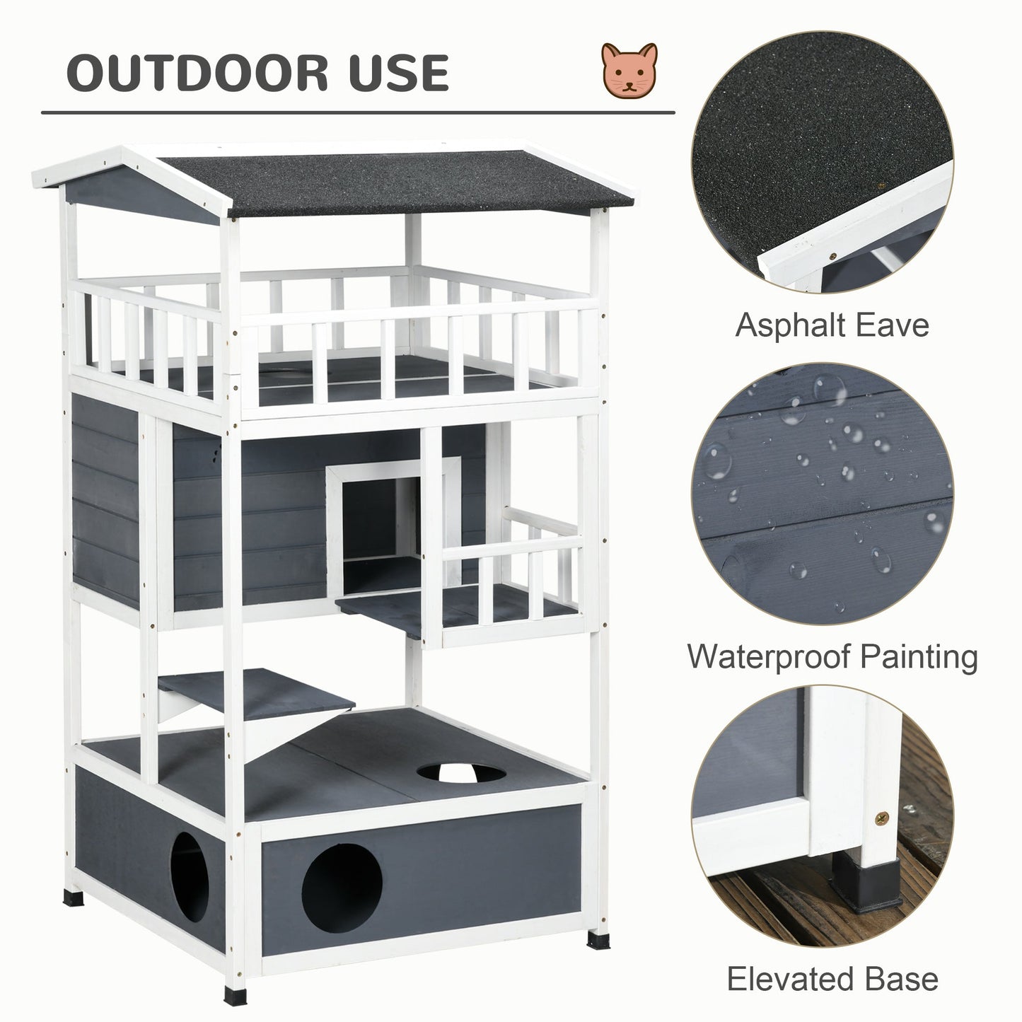 PawHut Wooden Outdoor Cat House 3-Tier for Winter Kitten Shelter Lodge w/ Tilted Roof Terrace Jump Step Bottom Tray Elevated Base Waterproof Paint Grey