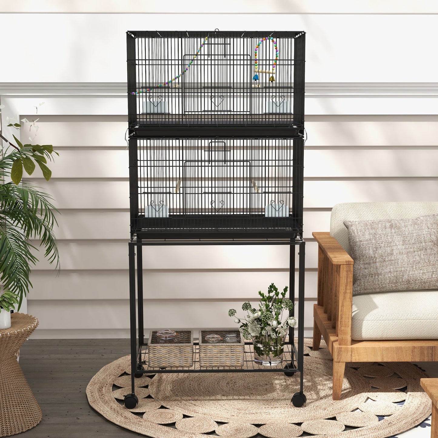 PawHut Double Stackable Bird Cage on Wheels With Stand, for Canaries