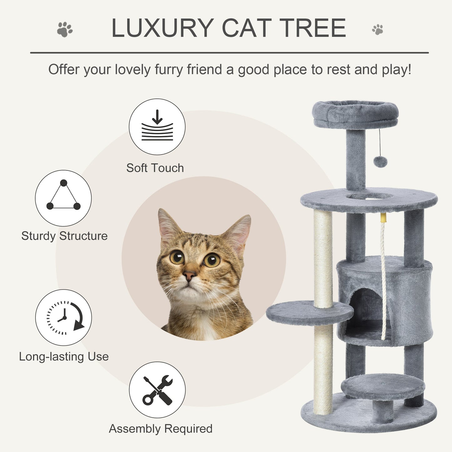 PawHut Cat Tree Tower 112cm Climbing Kitten Activity Centre with Jute Scratching Post Perch Hanging Ball Toy Teasing Rope Dark grey