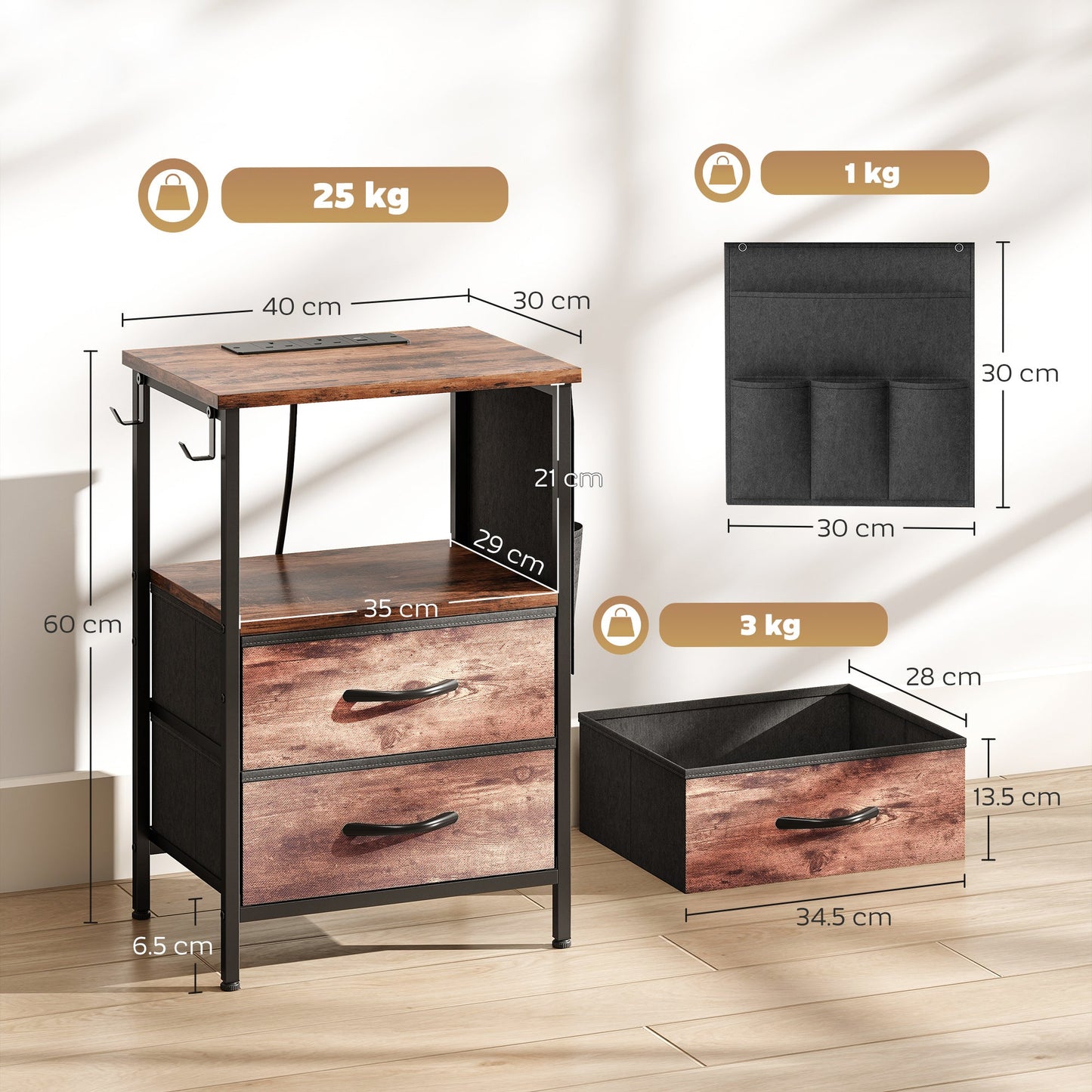 HOMCOM Bedside Table with Charging Station - Rustic Brown