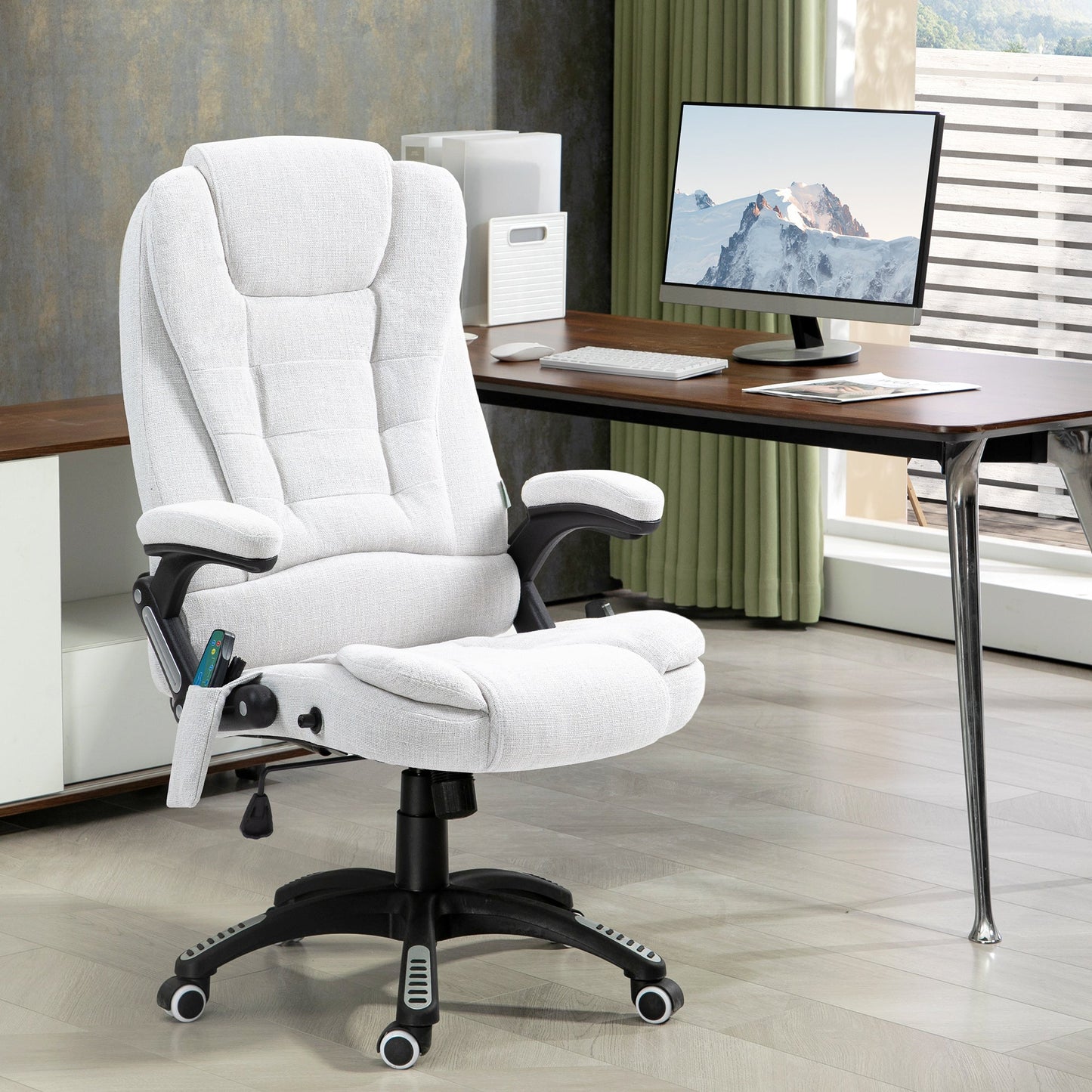 Vinsetto Massage Recliner Chair Heated Office Chair with Six Massage Points Linen-Feel Fabric 360  Swivel Wheels Cream White