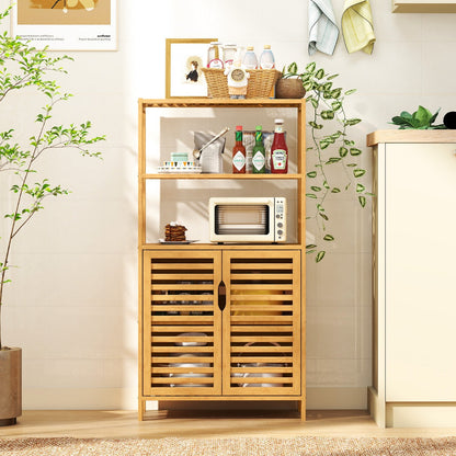 5-Tier Bookshelf with Open Shelves and Louvered Cabinet-Natural