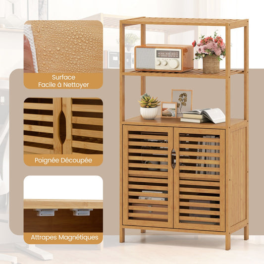 5-Tier Bookshelf with Open Shelves and Louvered Cabinet-Natural