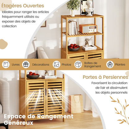 5-Tier Bookshelf with Open Shelves and Louvered Cabinet-Natural