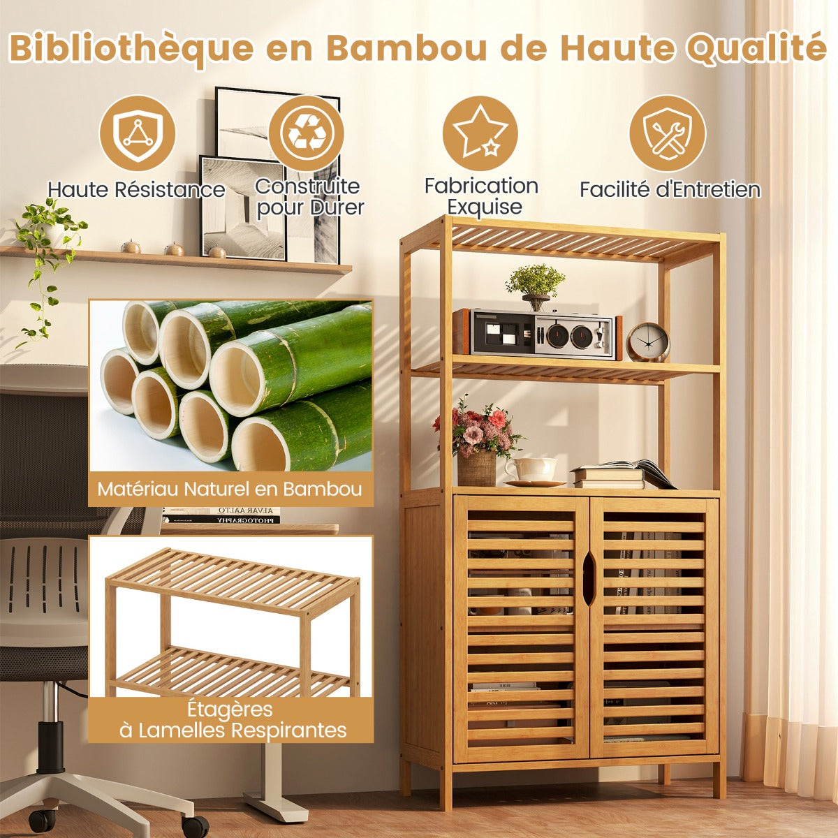 5-Tier Bookshelf with Open Shelves and Louvered Cabinet-Natural