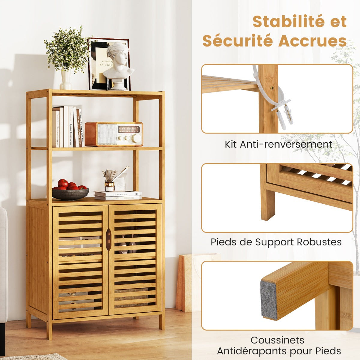 5-Tier Bookshelf with Open Shelves and Louvered Cabinet-Natural