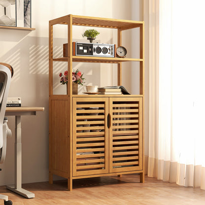 5-Tier Bookshelf with Open Shelves and Louvered Cabinet-Natural