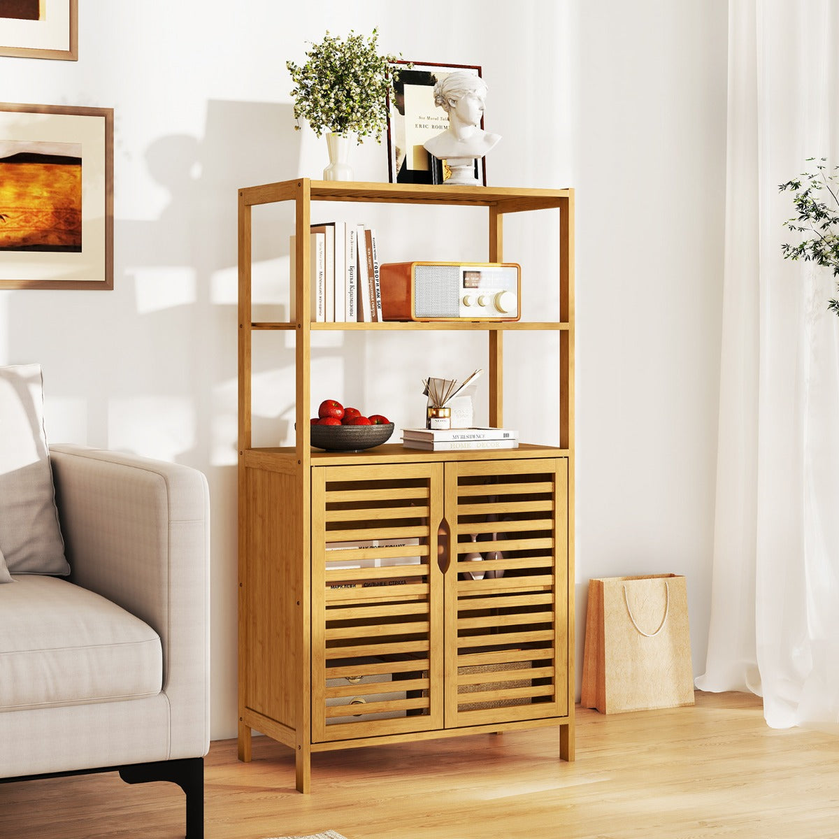 5-Tier Bookshelf with Open Shelves and Louvered Cabinet-Natural