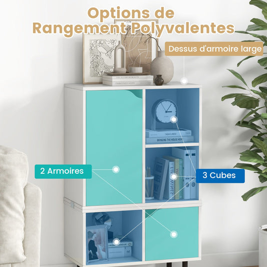 Stackable Bookcase with Adjustable Shelf and Cubes-White