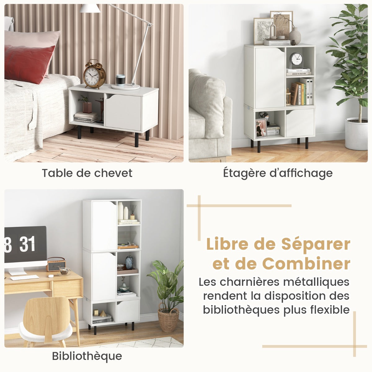 Stackable Bookcase with Adjustable Shelf and Cubes-White
