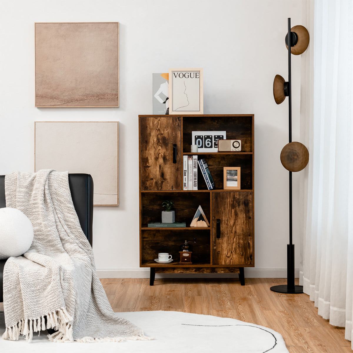 Freestanding Wooden Sideboard Storage Cabinet with 2 Doors and 4 Shelves-Coffee