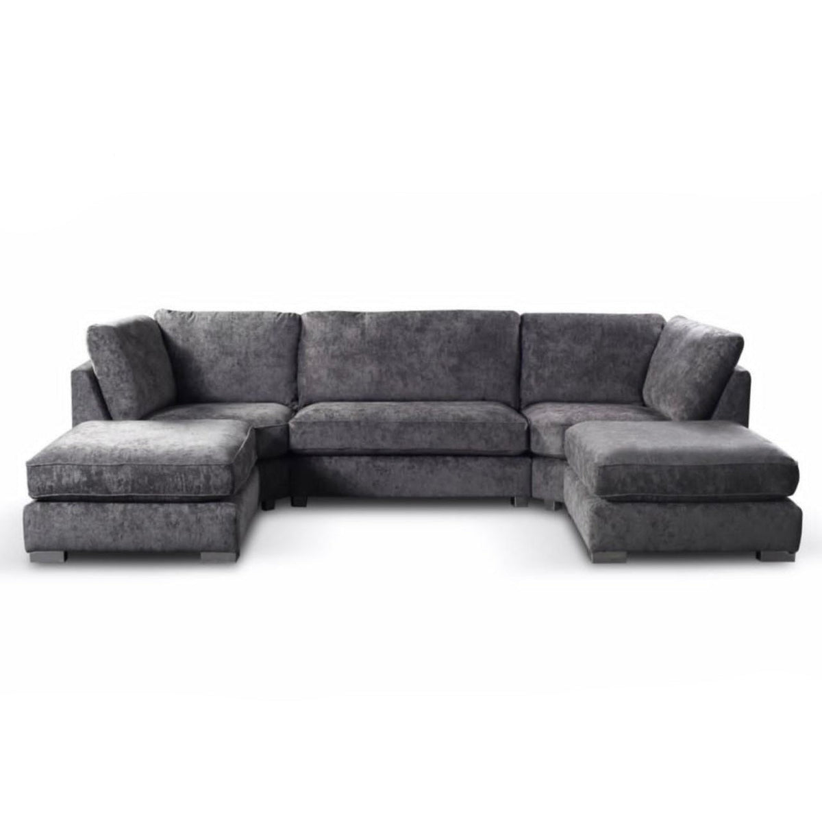 A gray upholstered chenille U-shape high back corner sofa with a hardwood frame and shimmery chrome legs, featuring deep foam interiors and large piped fiber backs.