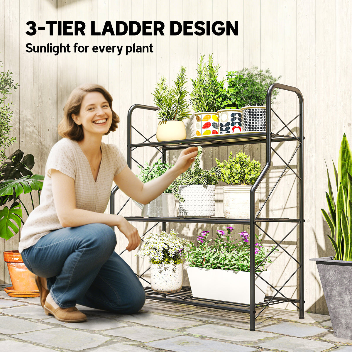 Outsunny 3-Tier Metal Plant Stand, Heavy Duty Ladder Shelf Potted Plants Display Rack, Indoor Outdoor Flower Pot Holder
