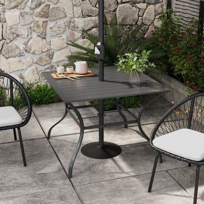 Outsunny 94 * 94 cm Garden Table with Parasol Hole, Outdoor Dining Garden Table for Four with Slatted Metal Plate Top, Dark Grey